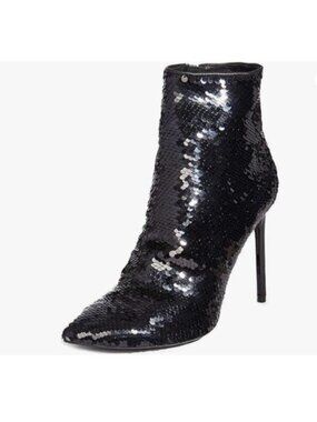 FSJ Women  Sequins Stiletto High Heels Ankle Booties Pointed Toe Black Boots